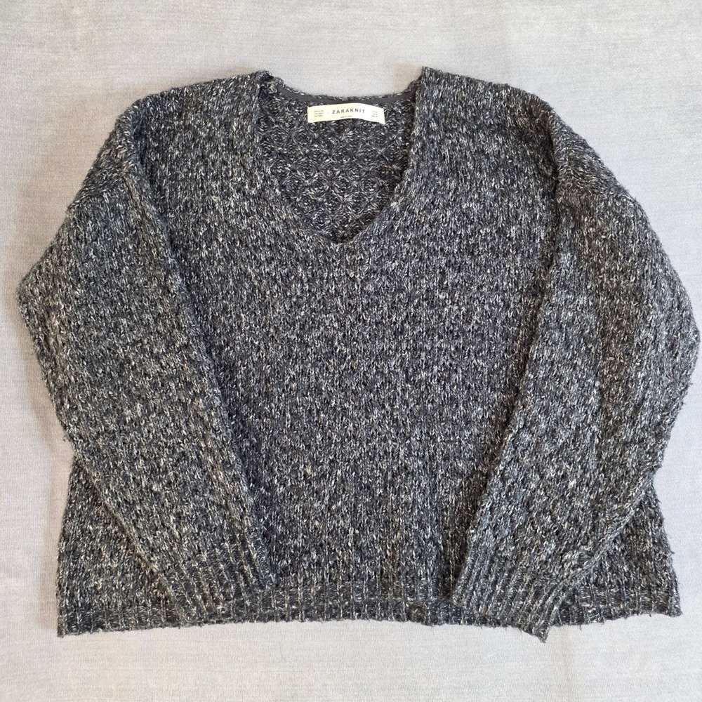 Zara Knit V-Neck Sweater Womens Medium Charcoal Marled Chunky Oversized Pullover